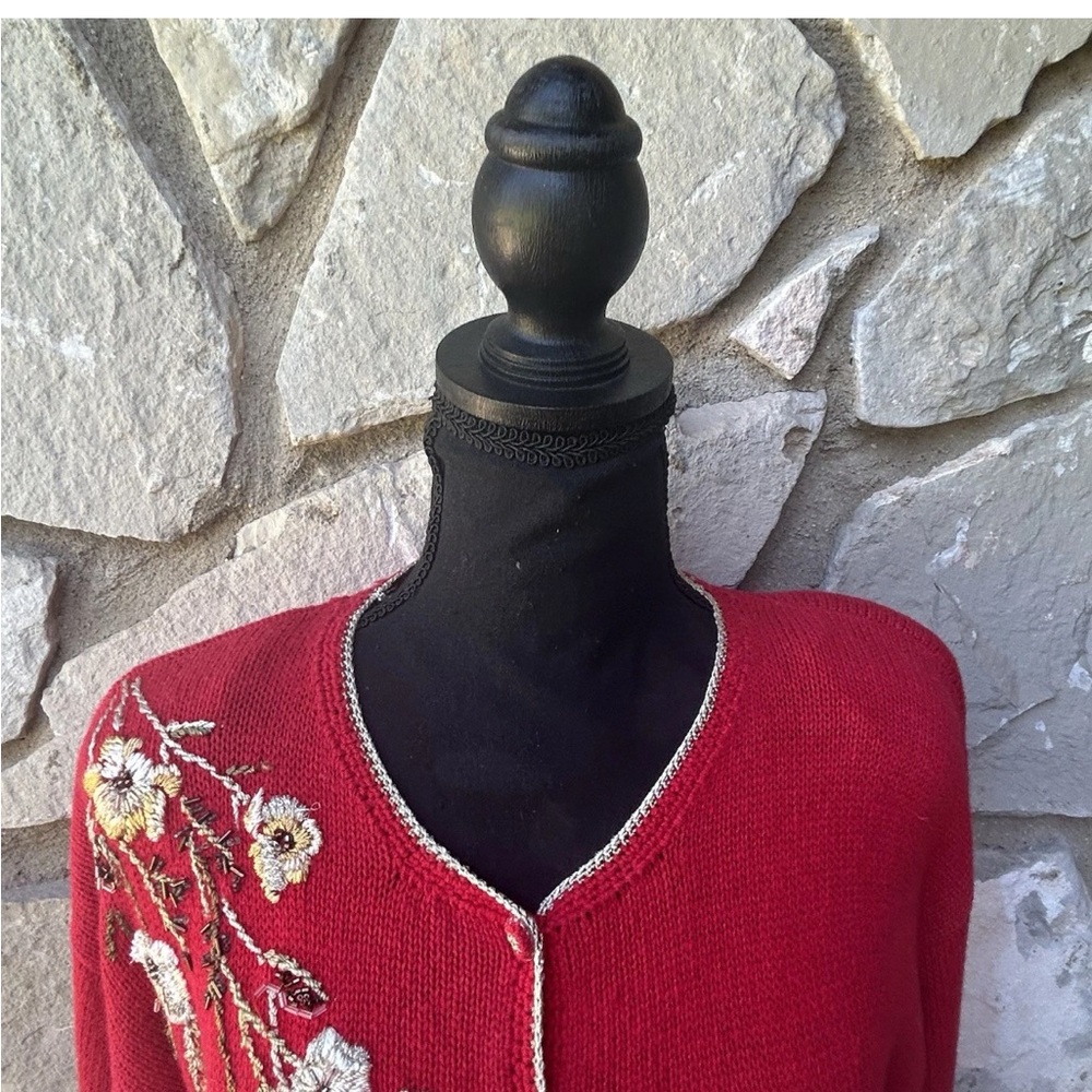 Vintage Carolina Colours Cardigan Sweater Small Red Embroidered Beaded Floral - Picture 3 of 12